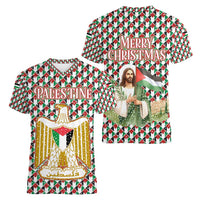 Palestine Christmas Women V-Neck T-Shirt with Red-Green Pattern, Golden Eagle Emblem, and Jesus Holding Flag Motif - Wonder Print Shop