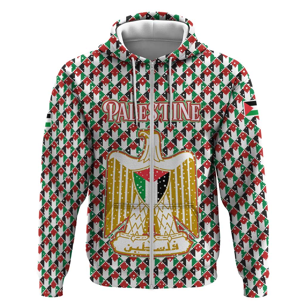 Palestine Christmas Zip Hoodie with Red-Green Pattern, Golden Eagle Emblem, and Jesus Holding Flag Motif - Wonder Print Shop