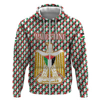Palestine Christmas Zip Hoodie with Red-Green Pattern, Golden Eagle Emblem, and Jesus Holding Flag Motif - Wonder Print Shop