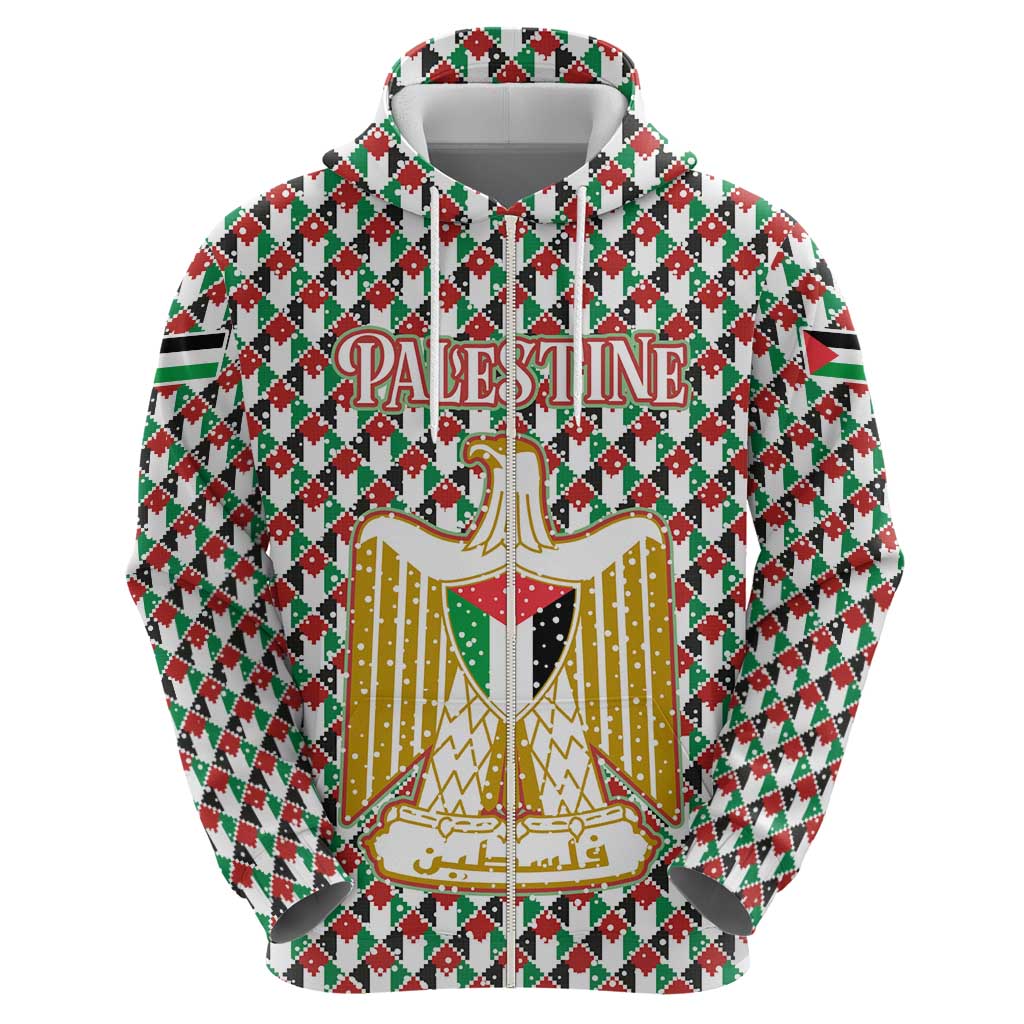 Palestine Christmas Zip Hoodie with Red-Green Pattern, Golden Eagle Emblem, and Jesus Holding Flag Motif - Wonder Print Shop