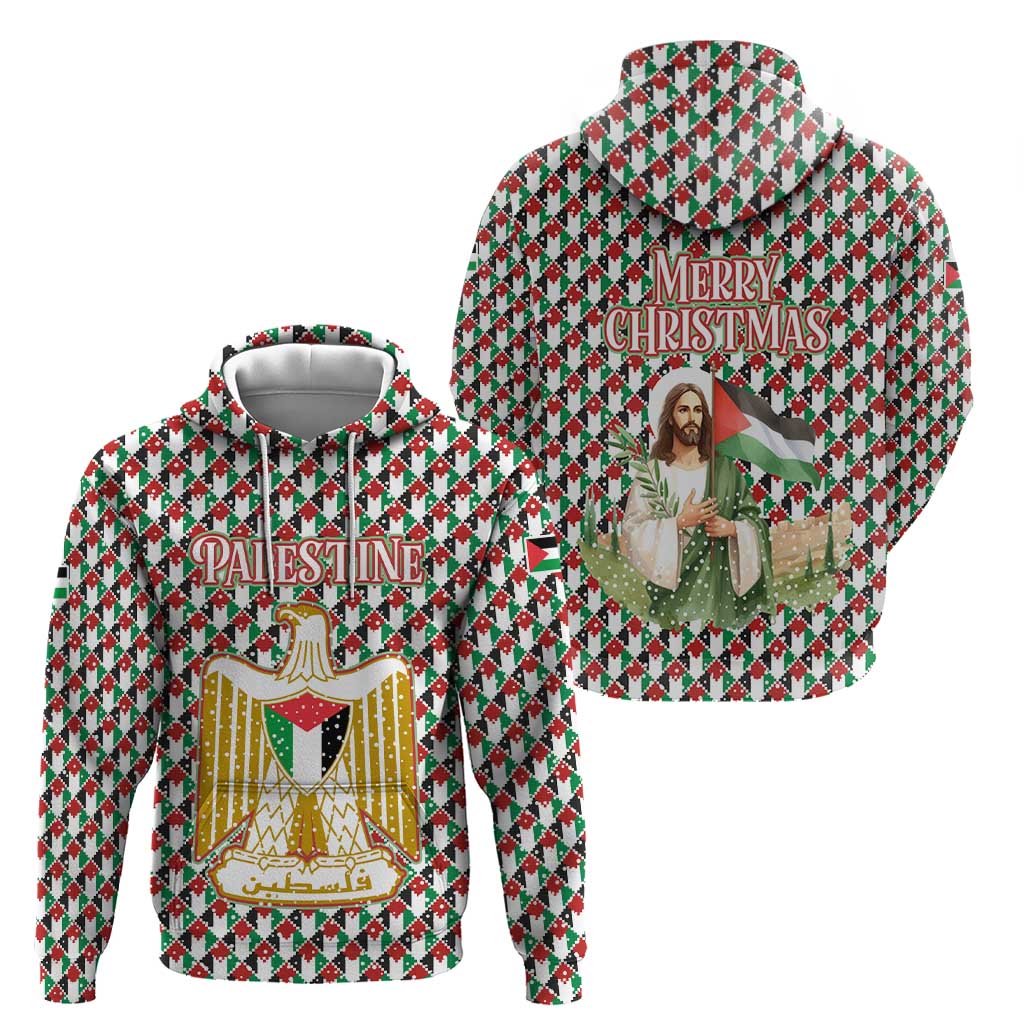 Palestine Christmas Zip Hoodie with Red-Green Pattern, Golden Eagle Emblem, and Jesus Holding Flag Motif - Wonder Print Shop