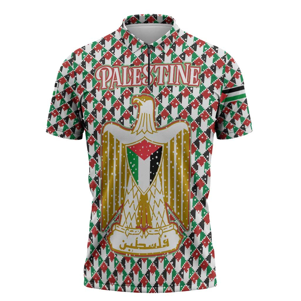Palestine Christmas Zipper Polo Shirt with Red-Green Pattern, Golden Eagle Emblem, and Jesus Holding Flag Motif - Wonder Print Shop