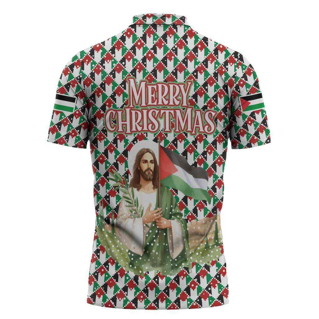 Palestine Christmas Zipper Polo Shirt with Red-Green Pattern, Golden Eagle Emblem, and Jesus Holding Flag Motif - Wonder Print Shop