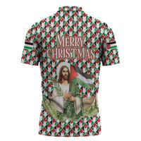 Palestine Christmas Zipper Polo Shirt with Red-Green Pattern, Golden Eagle Emblem, and Jesus Holding Flag Motif - Wonder Print Shop
