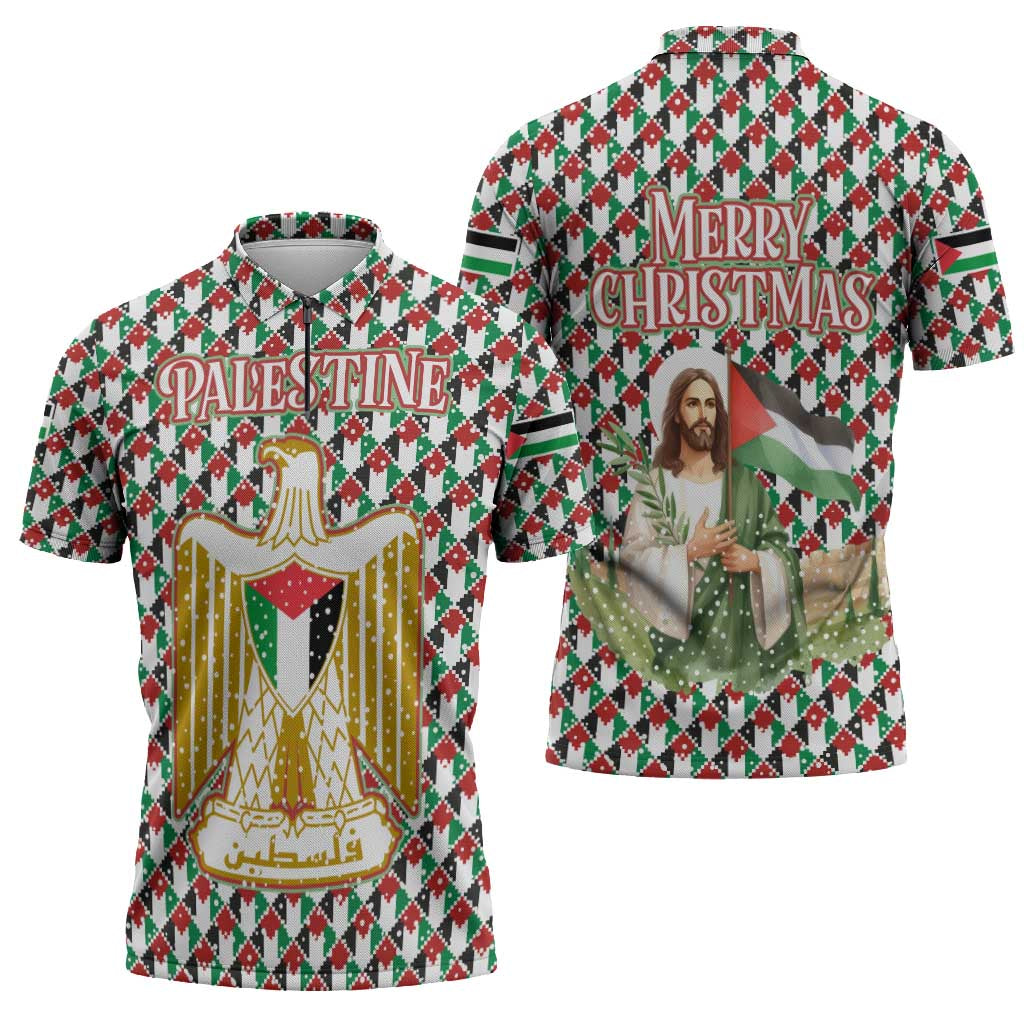 Palestine Christmas Zipper Polo Shirt with Red-Green Pattern, Golden Eagle Emblem, and Jesus Holding Flag Motif - Wonder Print Shop