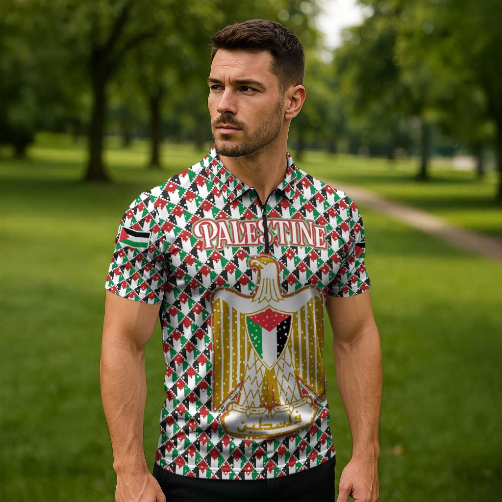 Palestine Christmas Zipper Polo Shirt with Red-Green Pattern, Golden Eagle Emblem, and Jesus Holding Flag Motif - Wonder Print Shop