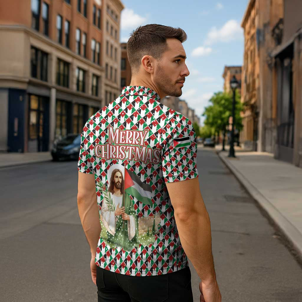 Palestine Christmas Zipper Polo Shirt with Red-Green Pattern, Golden Eagle Emblem, and Jesus Holding Flag Motif - Wonder Print Shop