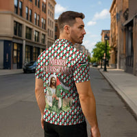 Palestine Christmas Zipper Polo Shirt with Red-Green Pattern, Golden Eagle Emblem, and Jesus Holding Flag Motif - Wonder Print Shop