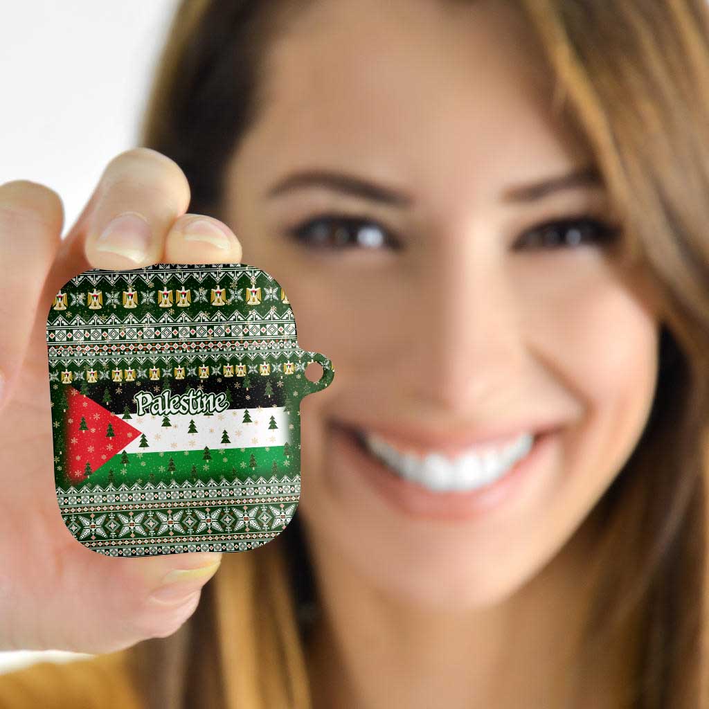 Palestine Christmas AirPods Case with Green-White Theme, Tree Ornaments, and Nativity Scene Motif - Wonder Print Shop