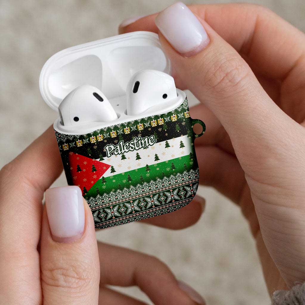 Palestine Christmas AirPods Case with Green-White Theme, Tree Ornaments, and Nativity Scene Motif - Wonder Print Shop