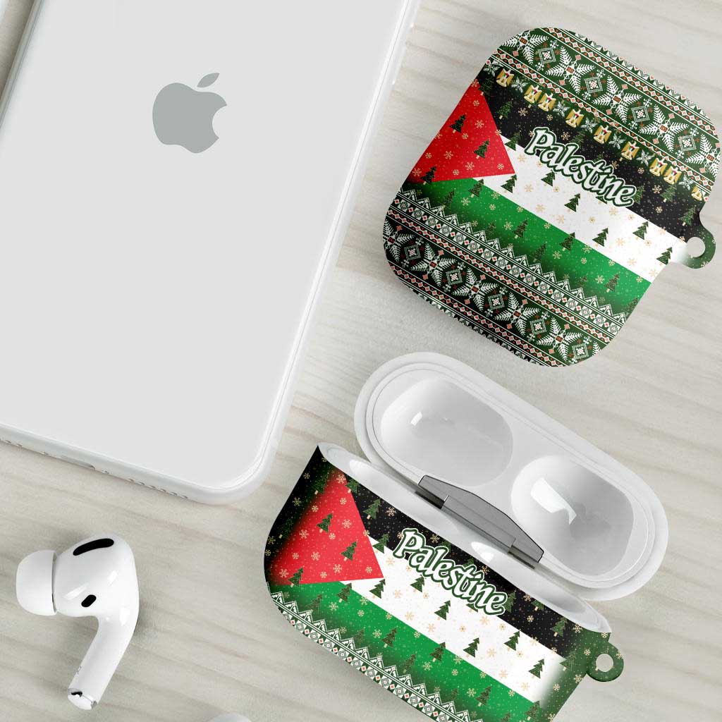 Palestine Christmas AirPods Case with Green-White Theme, Tree Ornaments, and Nativity Scene Motif - Wonder Print Shop