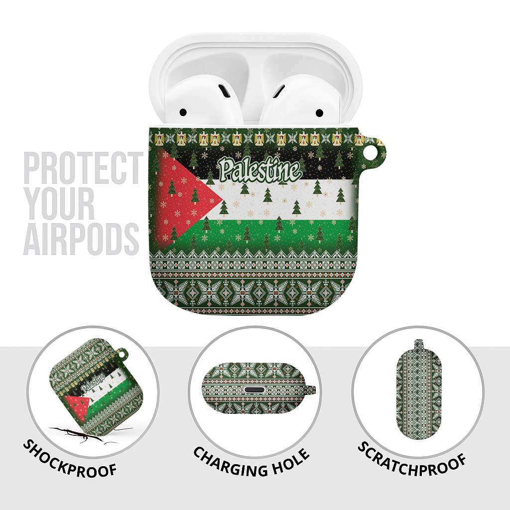 Palestine Christmas AirPods Case with Green-White Theme, Tree Ornaments, and Nativity Scene Motif - Wonder Print Shop
