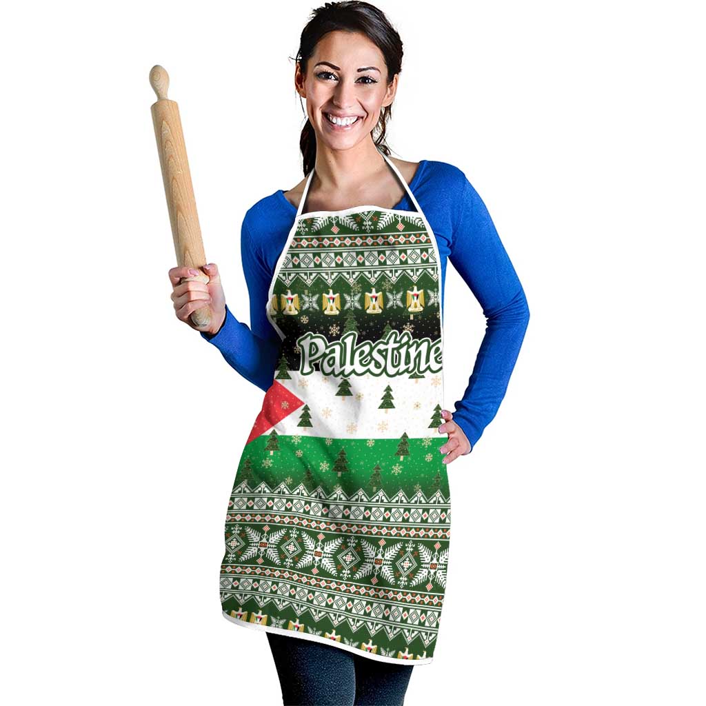 Palestine Christmas Apron with Green-White Theme, Tree Ornaments, and Nativity Scene Motif - Wonder Print Shop