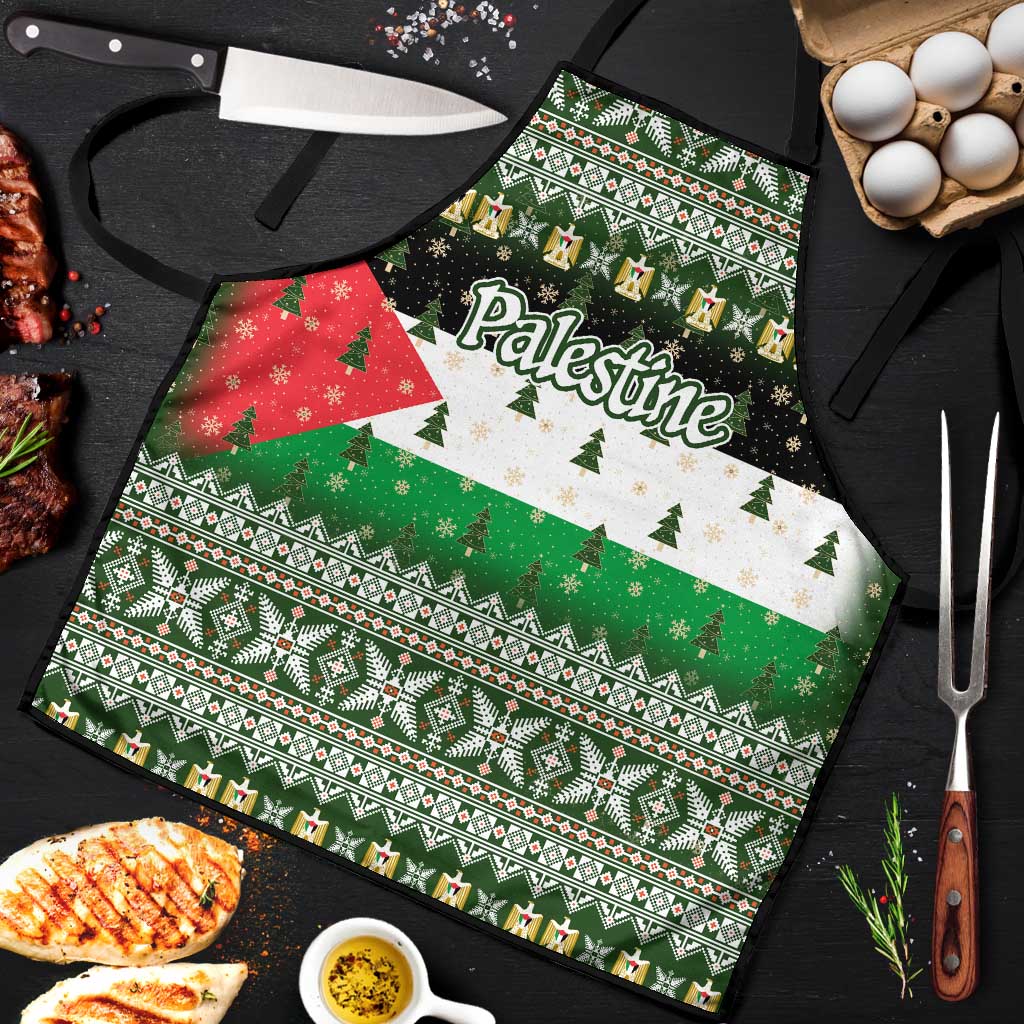 Palestine Christmas Apron with Green-White Theme, Tree Ornaments, and Nativity Scene Motif - Wonder Print Shop