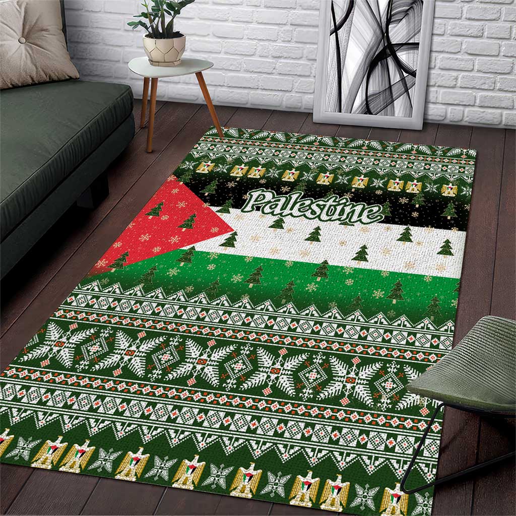 Palestine Christmas Area Rug with Green-White Theme, Tree Ornaments, and Nativity Scene Motif - Wonder Print Shop
