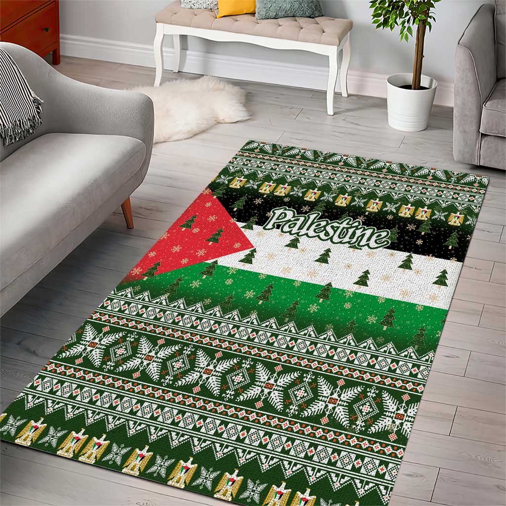 Palestine Christmas Area Rug with Green-White Theme, Tree Ornaments, and Nativity Scene Motif - Wonder Print Shop