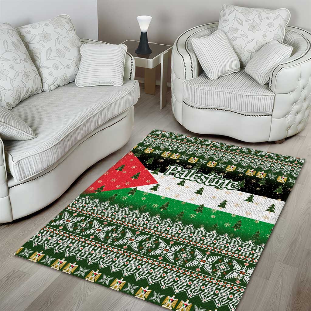 Palestine Christmas Area Rug with Green-White Theme, Tree Ornaments, and Nativity Scene Motif - Wonder Print Shop