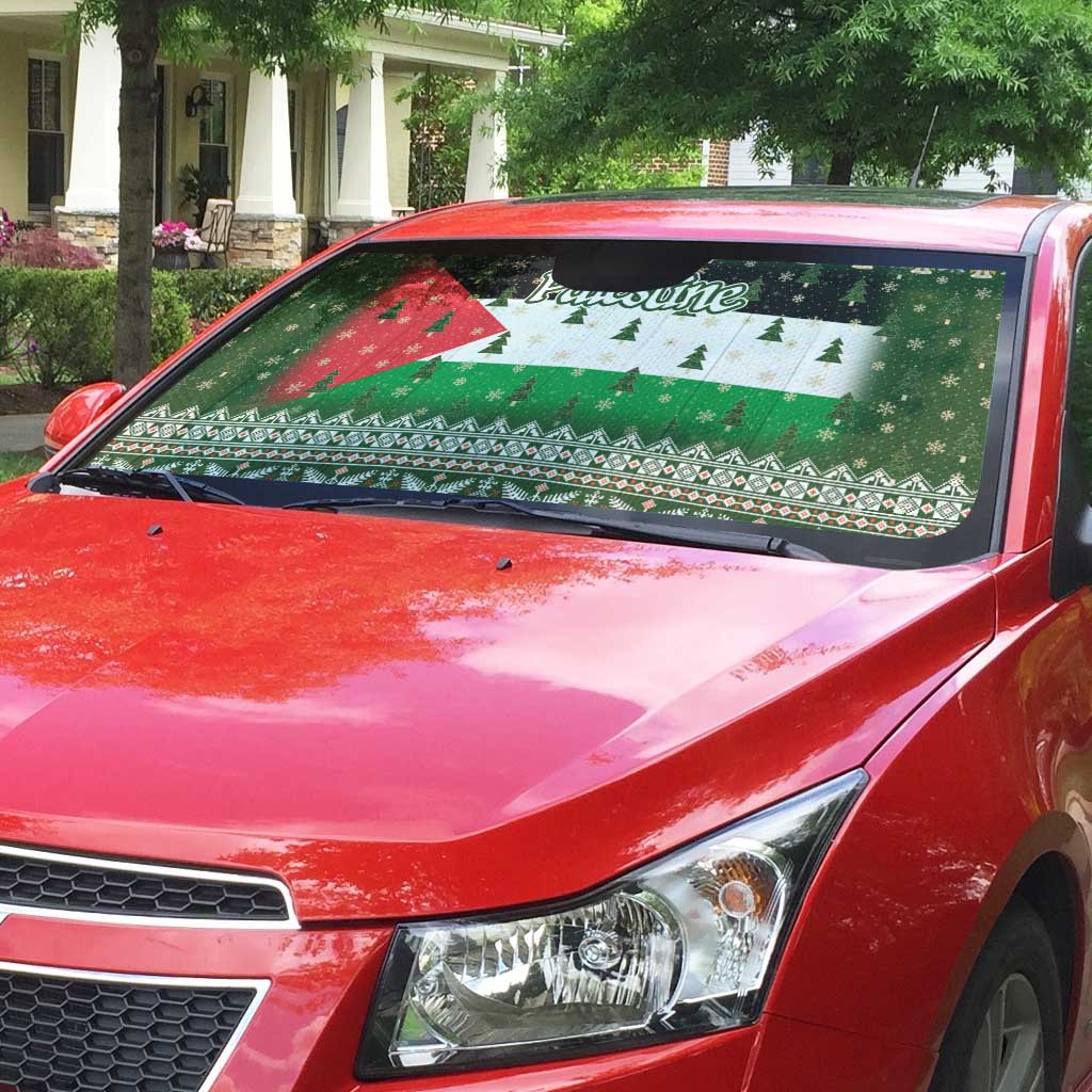 Palestine Christmas Auto Sun Shade with Green-White Theme, Tree Ornaments, and Nativity Scene Motif - Wonder Print Shop