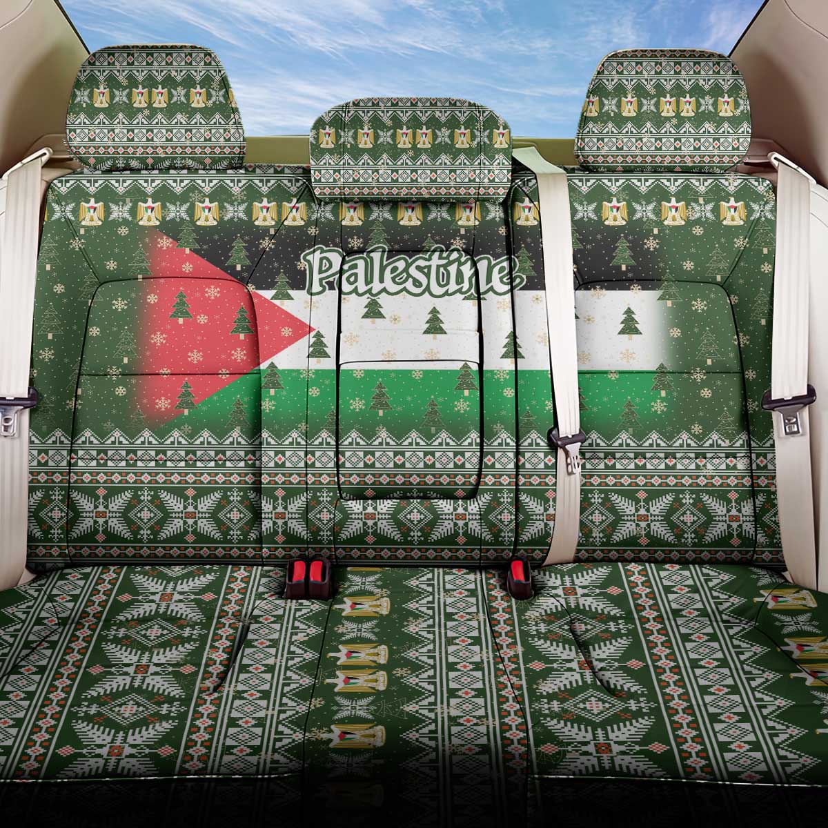 Palestine Christmas Back Car Seat Cover with Green-White Theme, Tree Ornaments, and Nativity Scene Motif - Wonder Print Shop
