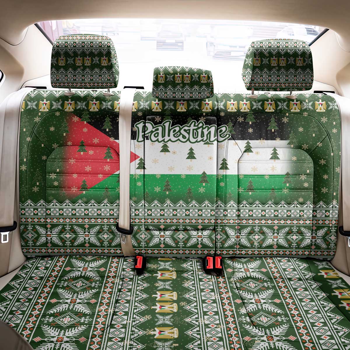 Palestine Christmas Back Car Seat Cover with Green-White Theme, Tree Ornaments, and Nativity Scene Motif - Wonder Print Shop