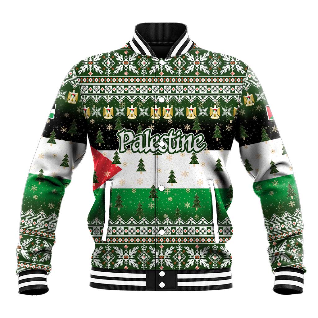 Palestine Christmas Baseball Jacket with Green-White Theme, Tree Ornaments, and Nativity Scene Motif - Wonder Print Shop
