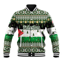 Palestine Christmas Baseball Jacket with Green-White Theme, Tree Ornaments, and Nativity Scene Motif - Wonder Print Shop