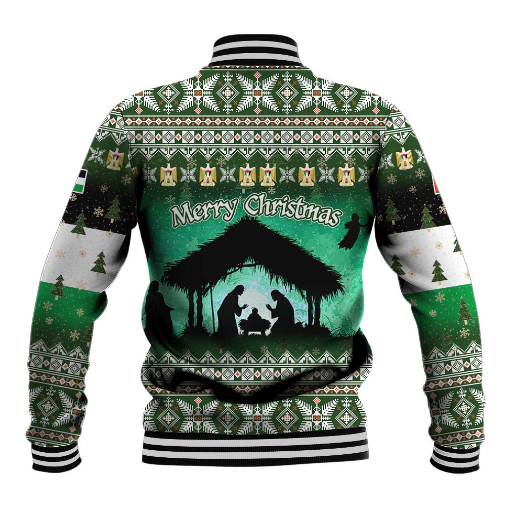 Palestine Christmas Baseball Jacket with Green-White Theme, Tree Ornaments, and Nativity Scene Motif - Wonder Print Shop