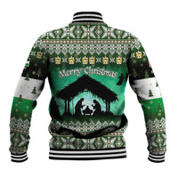 Palestine Christmas Baseball Jacket with Green-White Theme, Tree Ornaments, and Nativity Scene Motif - Wonder Print Shop