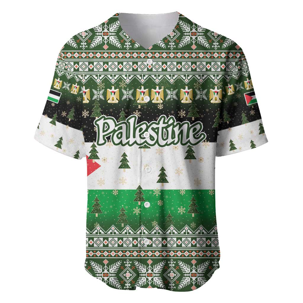 Palestine Christmas Baseball Jersey with Green-White Theme, Tree Ornaments, and Nativity Scene Motif - Wonder Print Shop