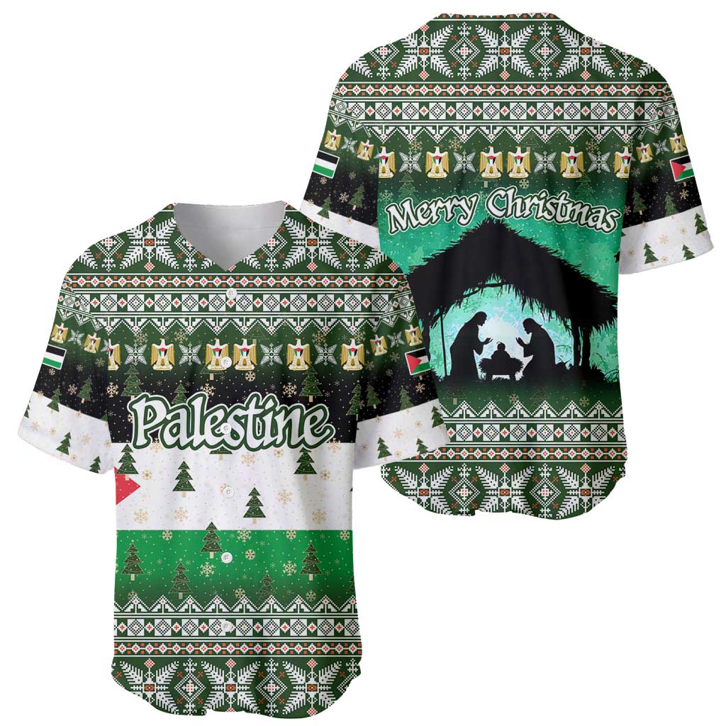 Palestine Christmas Baseball Jersey with Green-White Theme, Tree Ornaments, and Nativity Scene Motif - Wonder Print Shop