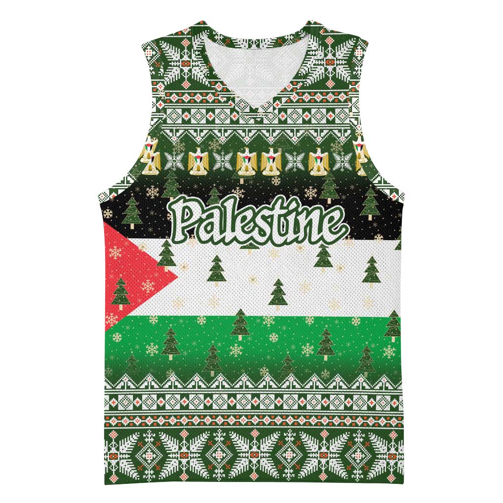 Palestine Christmas Basketball Jersey with Green-White Theme, Tree Ornaments, and Nativity Scene Motif - Wonder Print Shop
