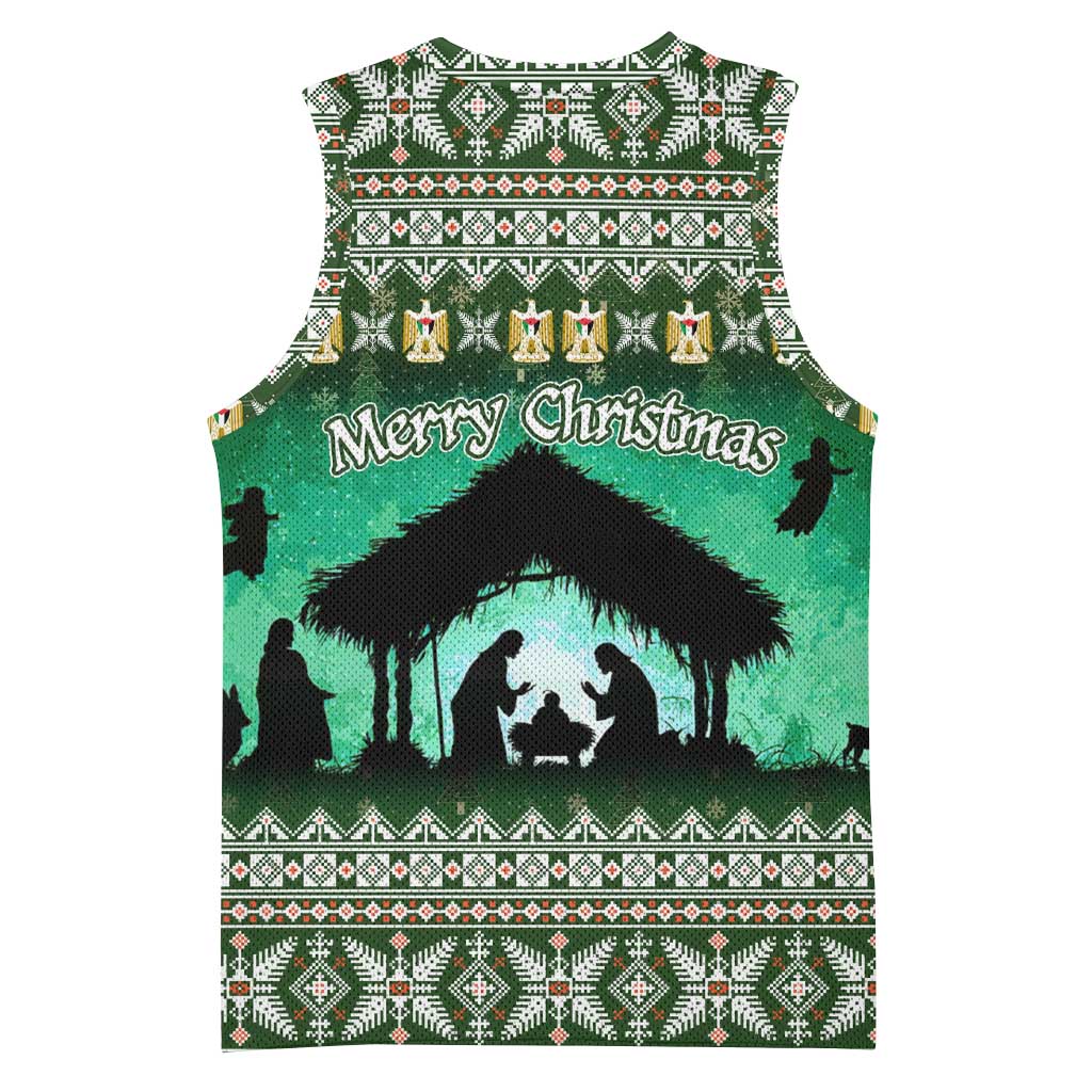 Palestine Christmas Basketball Jersey with Green-White Theme, Tree Ornaments, and Nativity Scene Motif - Wonder Print Shop