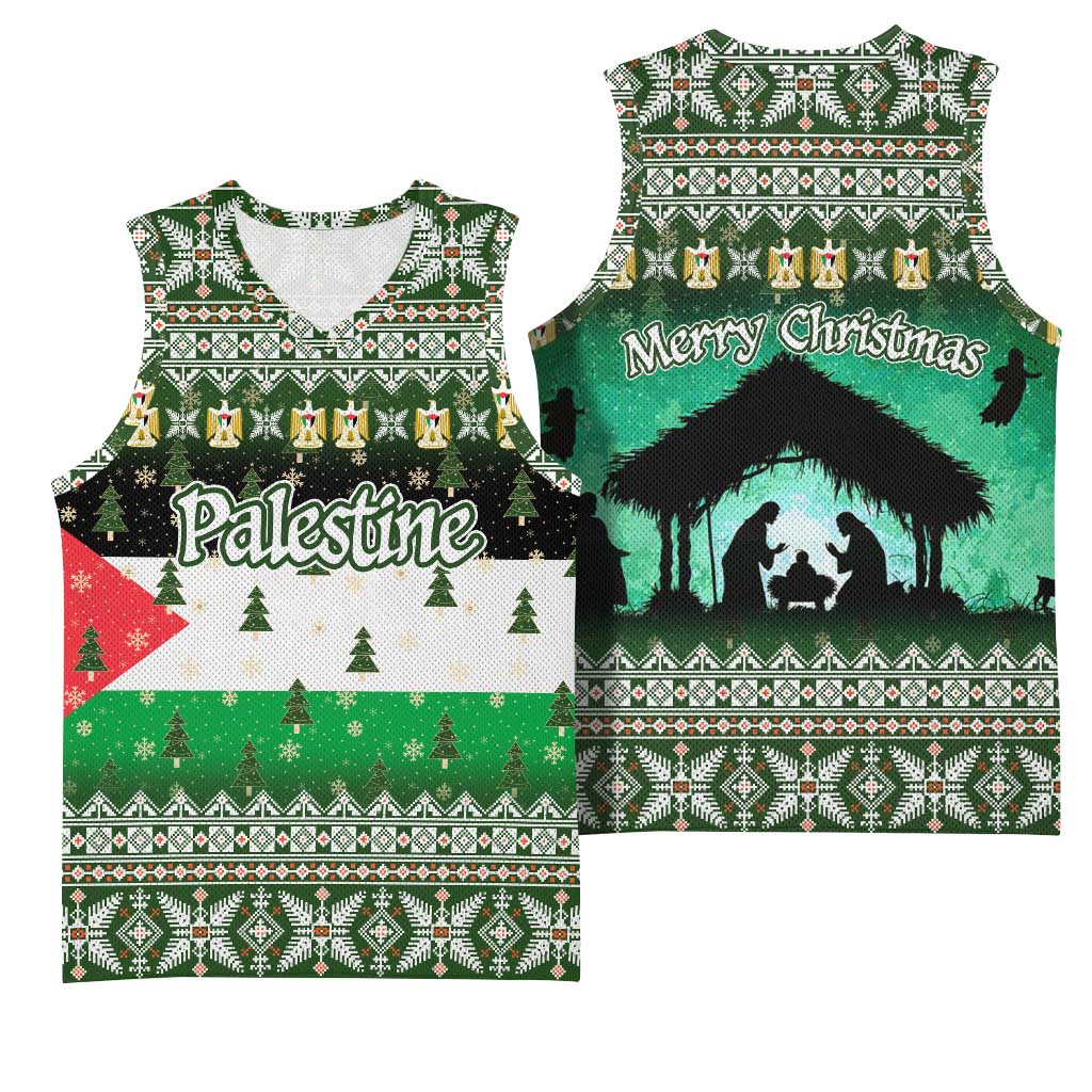 Palestine Christmas Basketball Jersey with Green-White Theme, Tree Ornaments, and Nativity Scene Motif - Wonder Print Shop