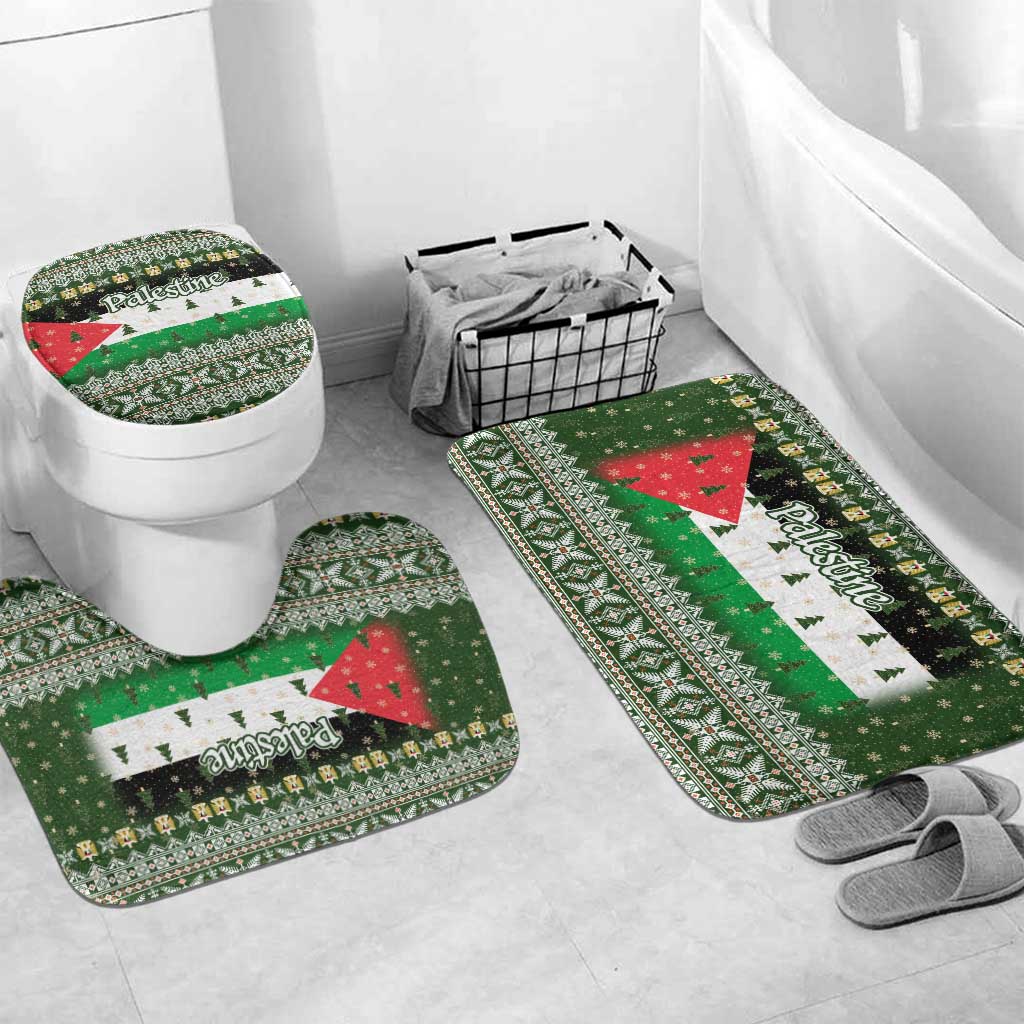 Palestine Christmas Bathroom Set with Green-White Theme, Tree Ornaments, and Nativity Scene Motif - Wonder Print Shop