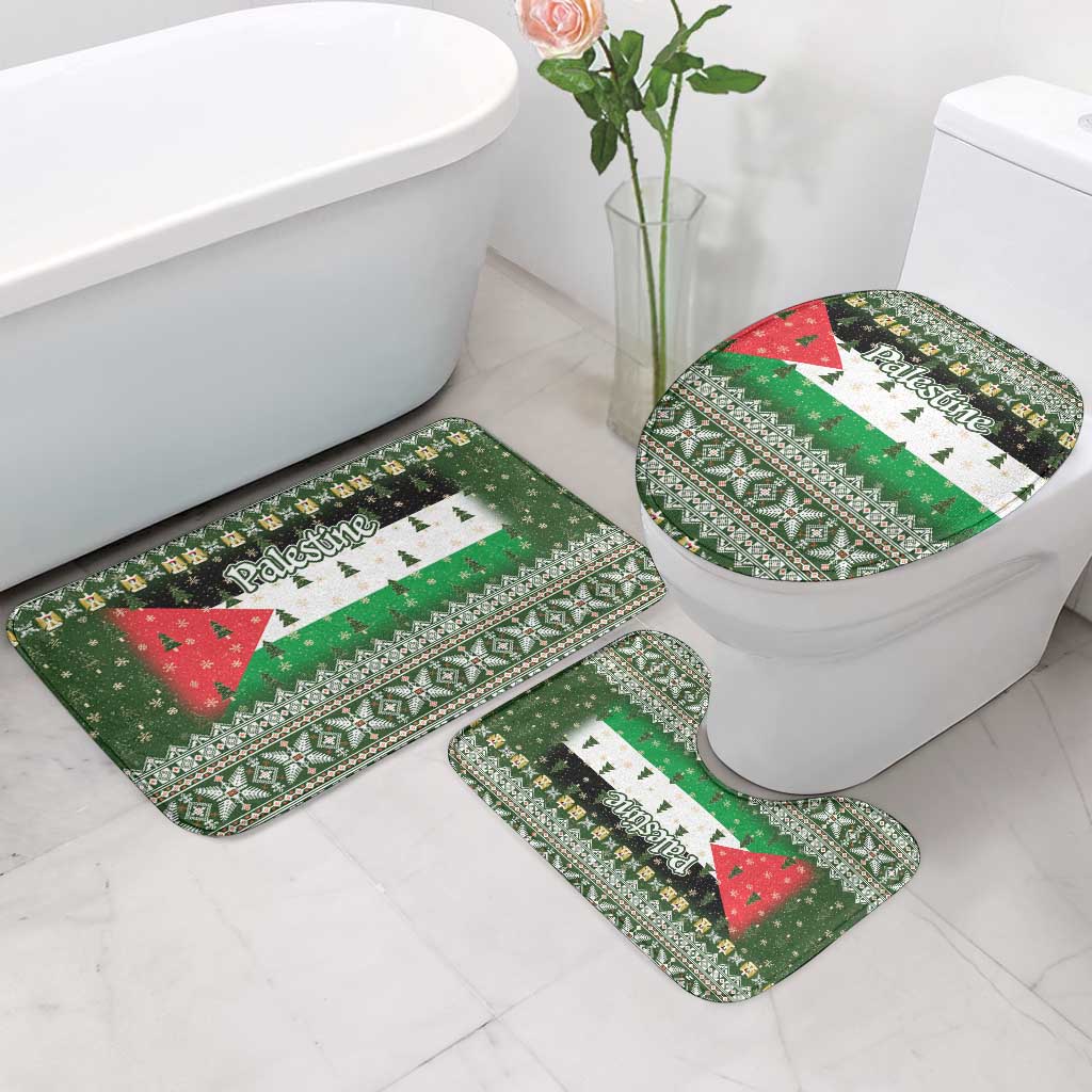 Palestine Christmas Bathroom Set with Green-White Theme, Tree Ornaments, and Nativity Scene Motif - Wonder Print Shop