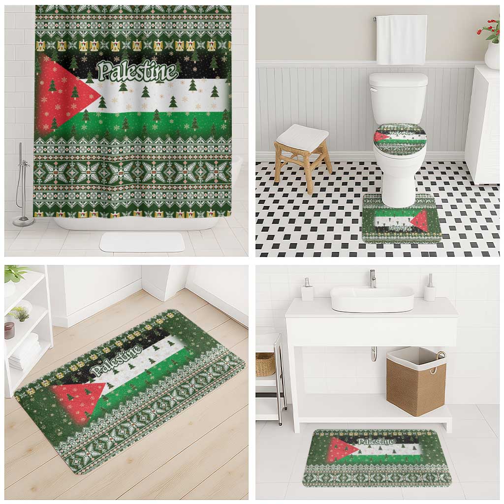 Palestine Christmas Bathroom Set with Green-White Theme, Tree Ornaments, and Nativity Scene Motif - Wonder Print Shop