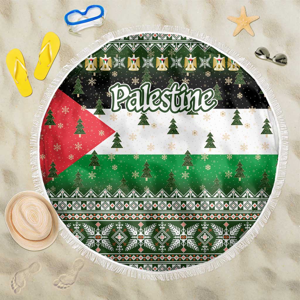 Palestine Christmas Beach Blanket with Green-White Theme, Tree Ornaments, and Nativity Scene Motif - Wonder Print Shop