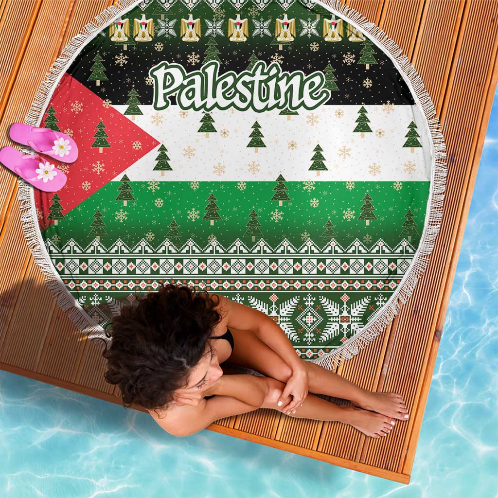 Palestine Christmas Beach Blanket with Green-White Theme, Tree Ornaments, and Nativity Scene Motif - Wonder Print Shop