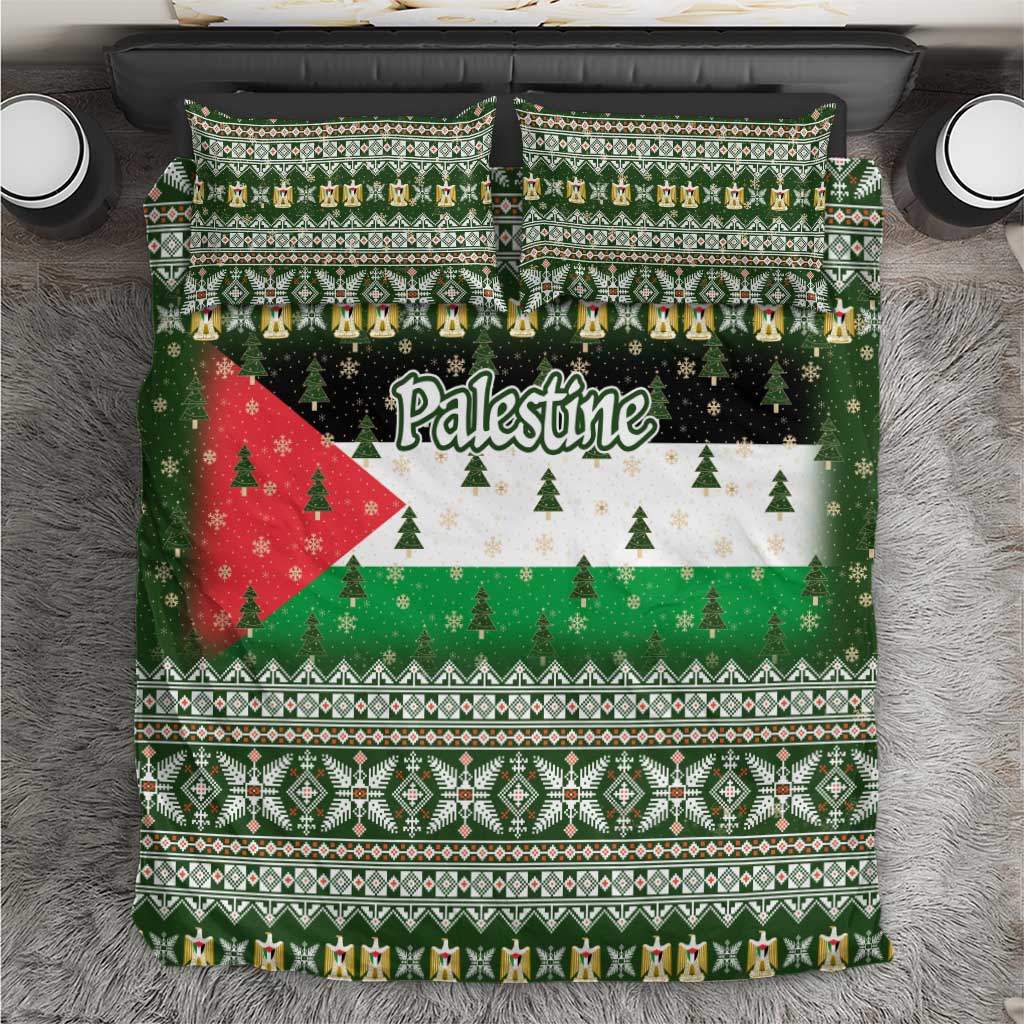 Palestine Christmas Bedding Set with Green-White Theme, Tree Ornaments, and Nativity Scene Motif - Wonder Print Shop