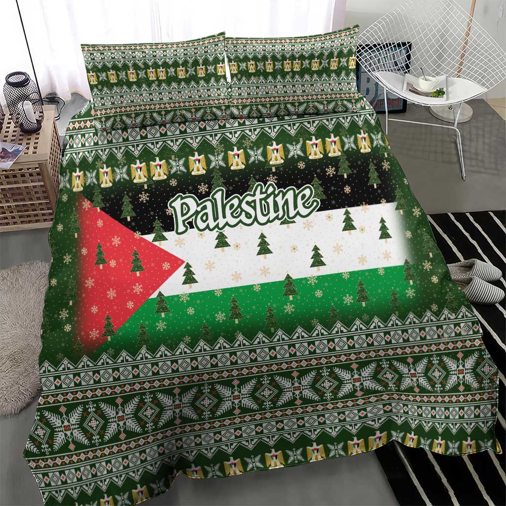 Palestine Christmas Bedding Set with Green-White Theme, Tree Ornaments, and Nativity Scene Motif - Wonder Print Shop