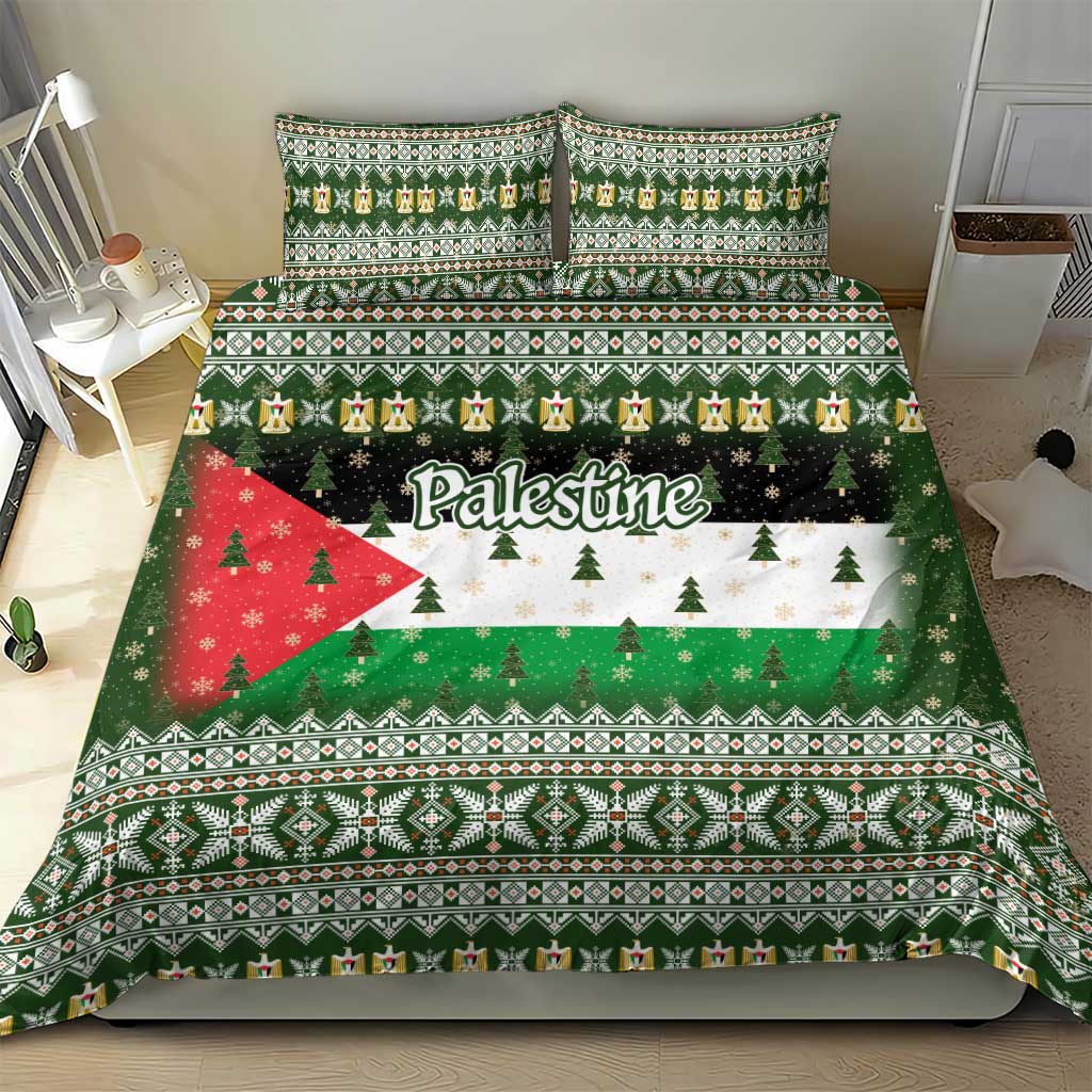 Palestine Christmas Bedding Set with Green-White Theme, Tree Ornaments, and Nativity Scene Motif - Wonder Print Shop