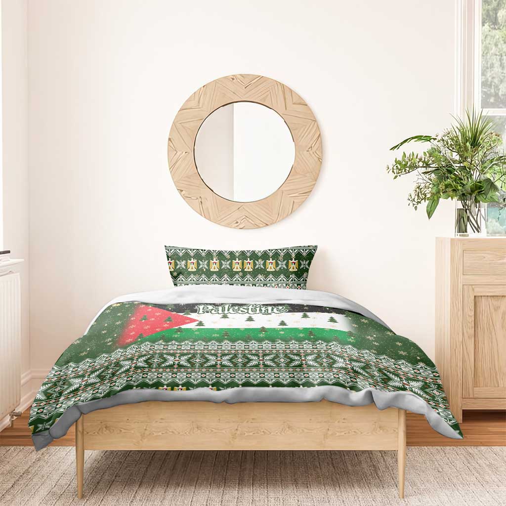 Palestine Christmas Bedding Set with Green-White Theme, Tree Ornaments, and Nativity Scene Motif - Wonder Print Shop