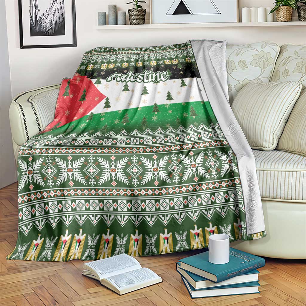 Palestine Christmas Blanket with Green-White Theme, Tree Ornaments, and Nativity Scene Motif - Wonder Print Shop