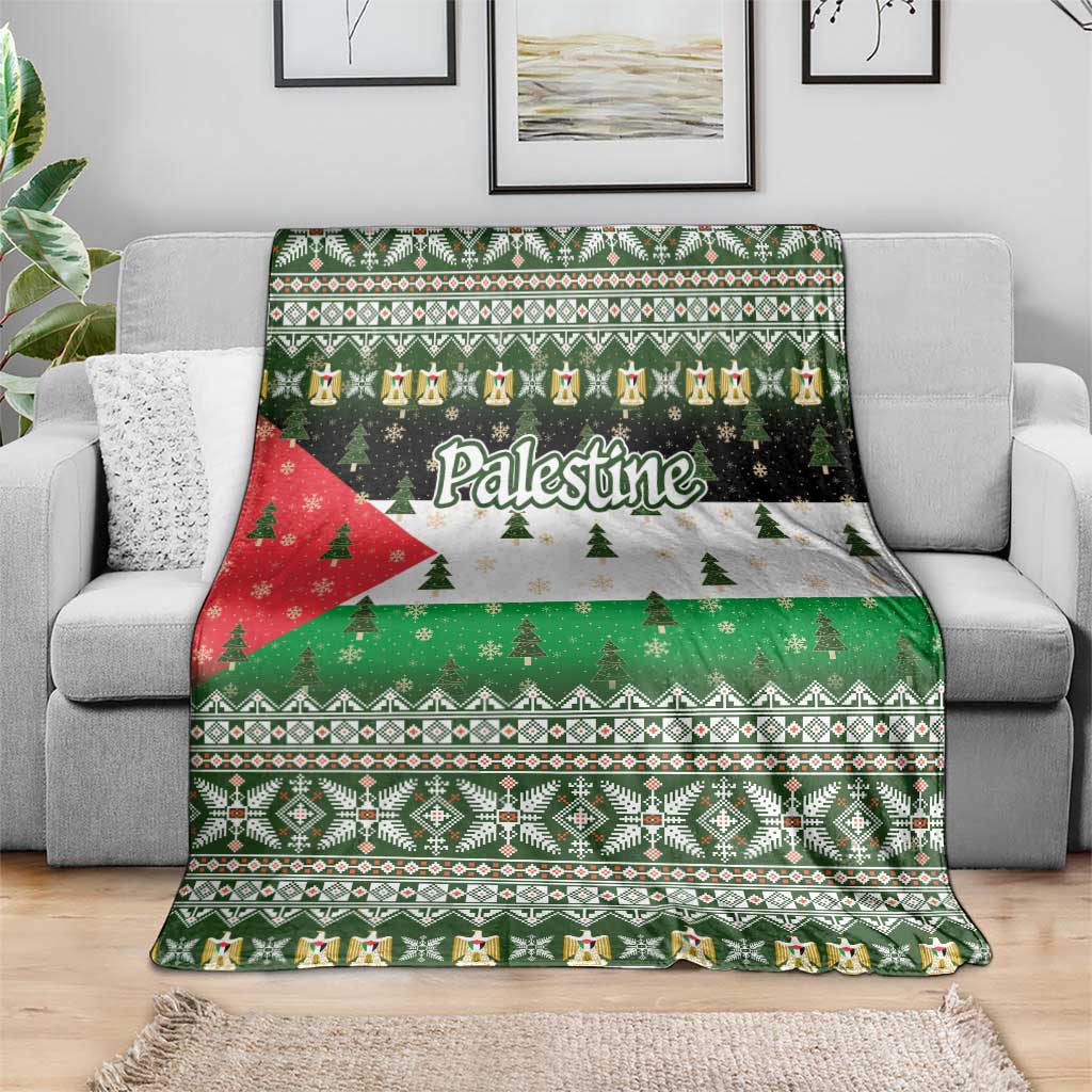 Palestine Christmas Blanket with Green-White Theme, Tree Ornaments, and Nativity Scene Motif - Wonder Print Shop