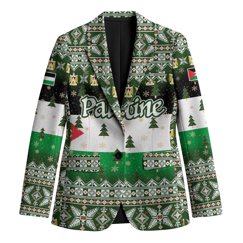 Palestine Christmas Blazer with Green-White Theme, Tree Ornaments, and Nativity Scene Motif - Wonder Print Shop