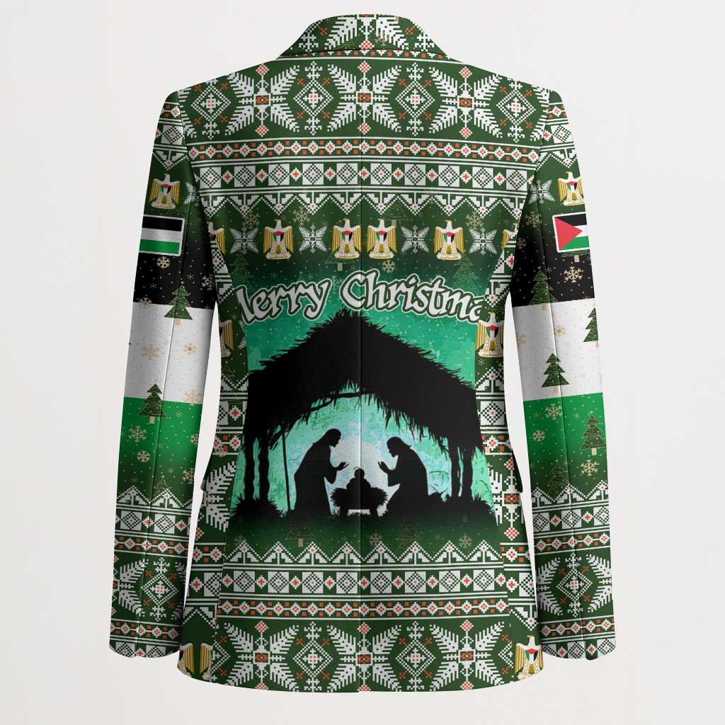 Palestine Christmas Blazer with Green-White Theme, Tree Ornaments, and Nativity Scene Motif - Wonder Print Shop