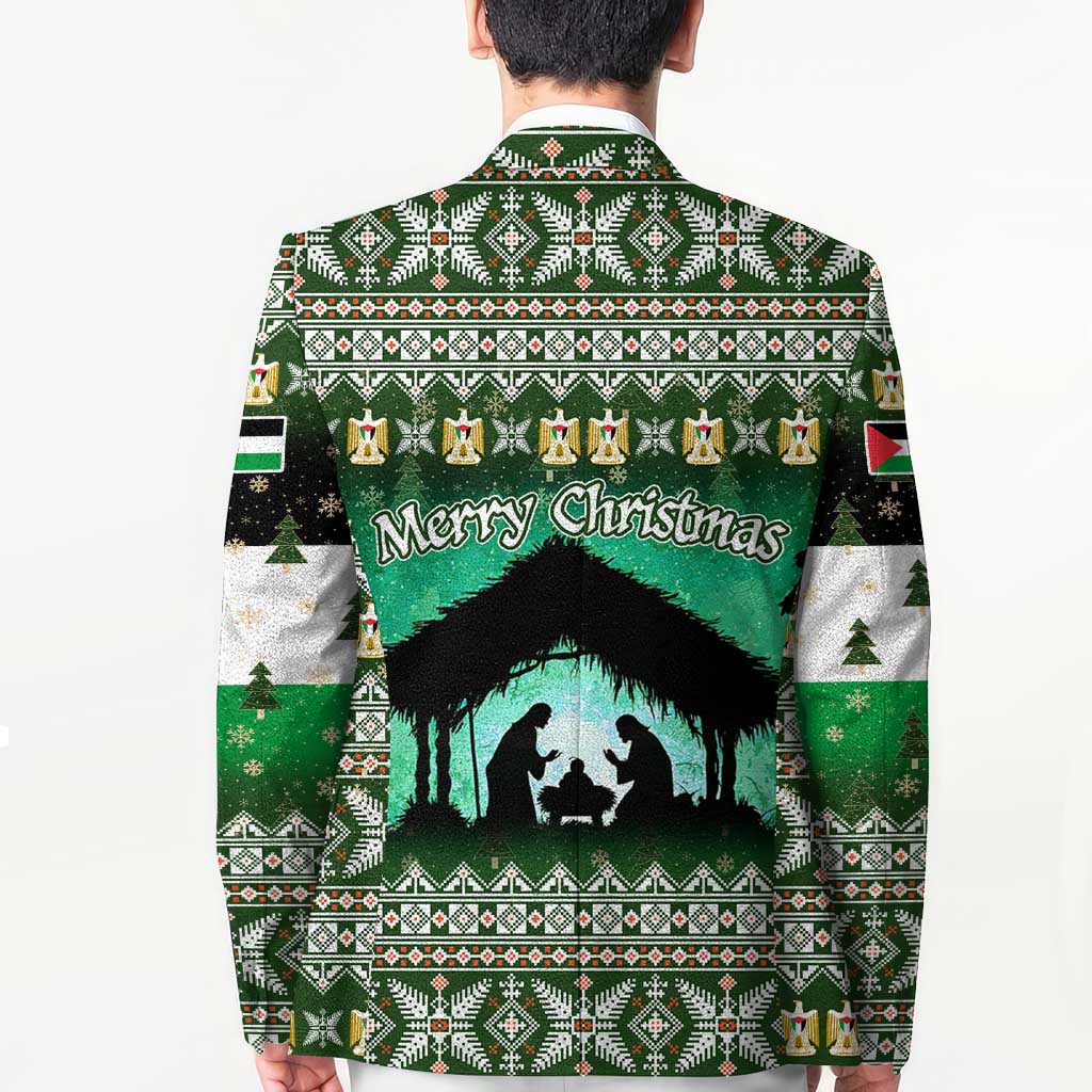 Palestine Christmas Blazer with Green-White Theme, Tree Ornaments, and Nativity Scene Motif - Wonder Print Shop