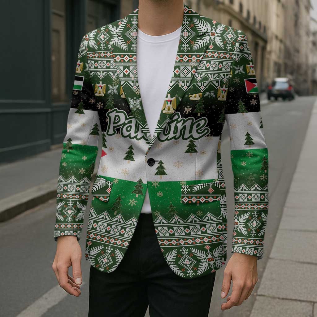 Palestine Christmas Blazer with Green-White Theme, Tree Ornaments, and Nativity Scene Motif - Wonder Print Shop