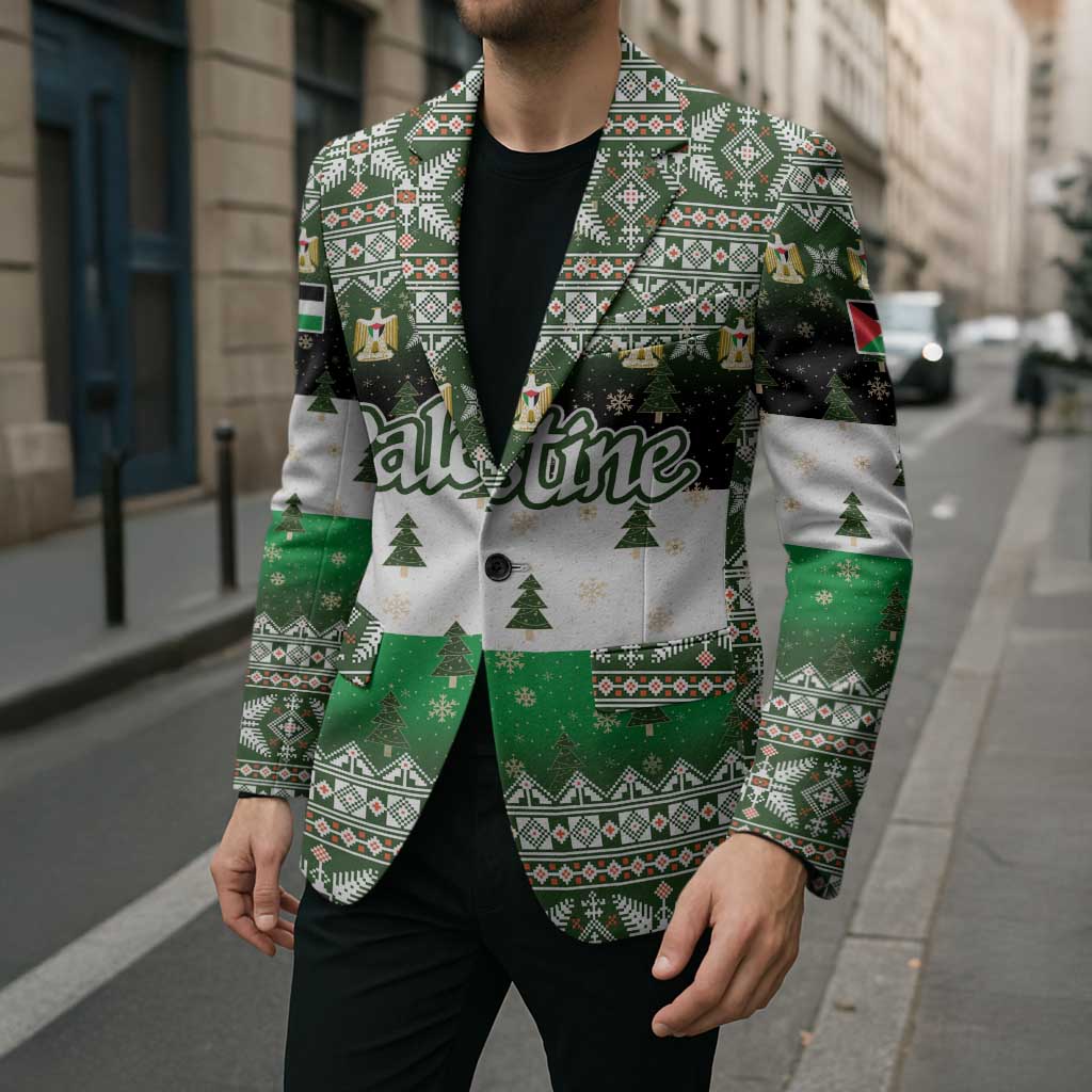 Palestine Christmas Blazer with Green-White Theme, Tree Ornaments, and Nativity Scene Motif - Wonder Print Shop