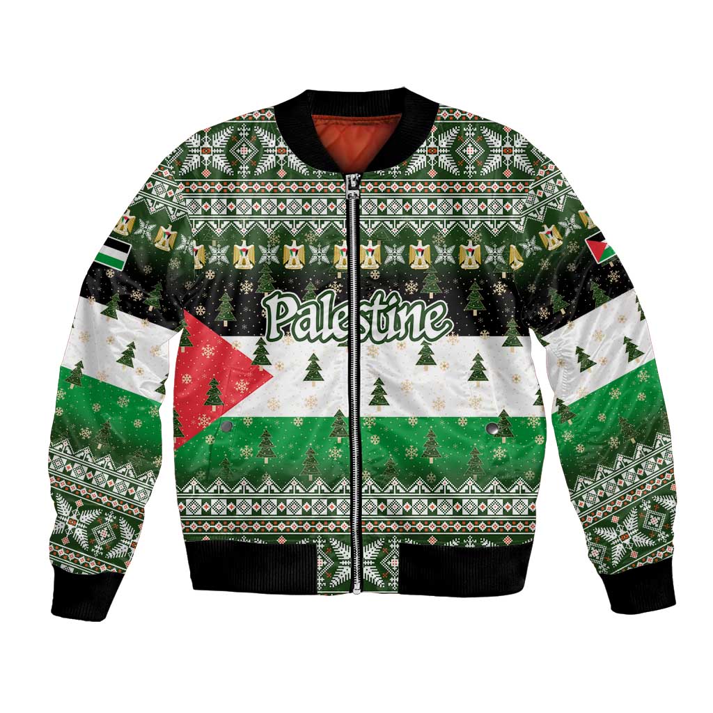 Palestine Christmas Bomber Jacket with Green-White Theme, Tree Ornaments, and Nativity Scene Motif - Wonder Print Shop